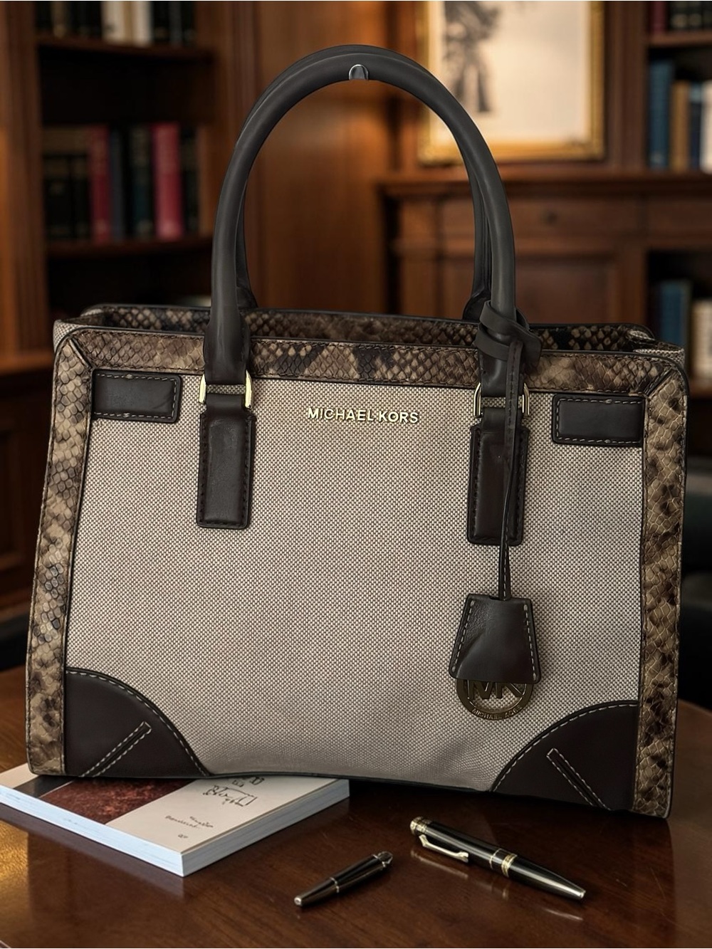 Michael Kors Dillon TZ EW Corner Frame Satchel Canvas Snake Embossed Bag